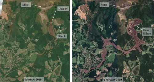 Aerial views the breach zone downstream of the C&oacute;rrego do Feij&atilde;o Dam B-1 in January 2019 